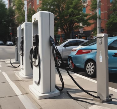 A sleek electric vehicle plugged into a modern charging station glowing softly at dusk.