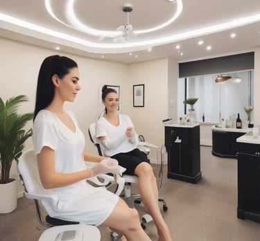 A welcoming beauty salon interior with tattoo and nail art stations.