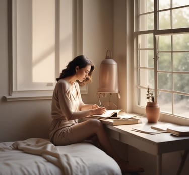 Soft nude and beige background with a confident woman smiling gently, embodying self-love and empowerment
