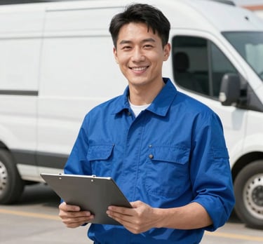 A portrait of a friendly HVAC service specialist wearing a clean blue uniform, holding a professional folder, with a modern white service van in the background.