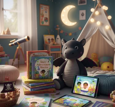 a stuffed dragonfly sitting on a bed with books and a tablet