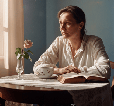 A women sitting at a table with a concerned expression