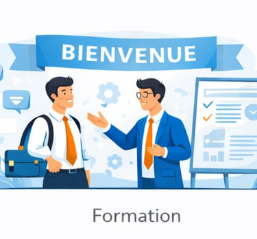 Illustration d'un accueil chaleureux pour une formation avec un formateur et un employé.