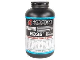 Hodgdon H335 smokeless rifle powder in a black plastic bottle for ammunition reloading.