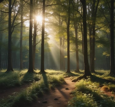 A serene outdoor setting with tarot cards laid out on a wooden table surrounded by lush greenery.
