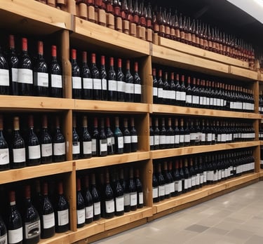 Elegant wine bottles displayed with soft lighting.