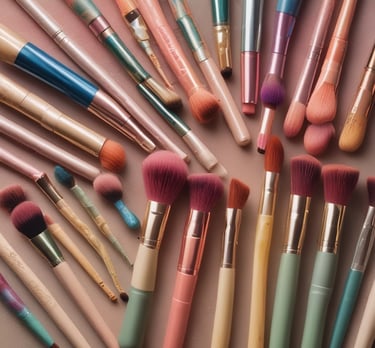 A vibrant flat lay of  makeup products, hairbrushes, and nail polishes on a bright background.