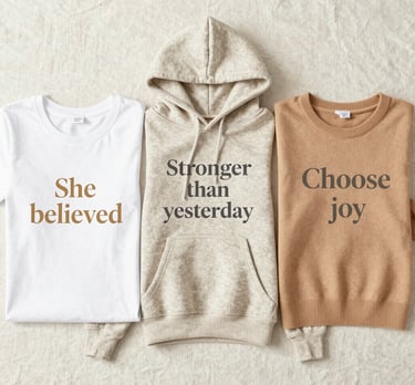 A vibrant display of quote t-shirts hanging on a rustic wooden rack.