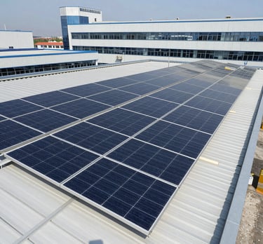 A solar panel installation on a commercial rooftop under a bright blue sky