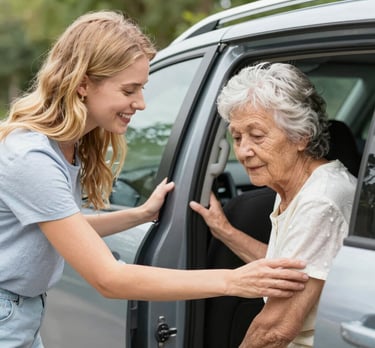 A smiling caregiver assisting an elderly man with a morning walk in a sunny garden.