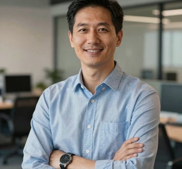 A professional portrait of a tech expert in a modern North American office. The atmosphere is approachable and inspiring, with a focus on simplicity and efficiency.