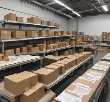 Inventory shelves organized with products, bathed in cool blue and gray lighting for a premium feel.