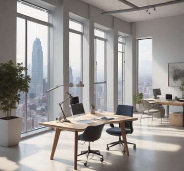 Abstract modern architecture with clean lines and deep blue and magenta accents