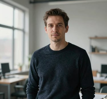 A professional portrait of an industrial designer in a modern, light-filled studio. They are wearing a simple, dark-colored sweater, reflecting a minimal and professional aesthetic. Soft, natural lighting.