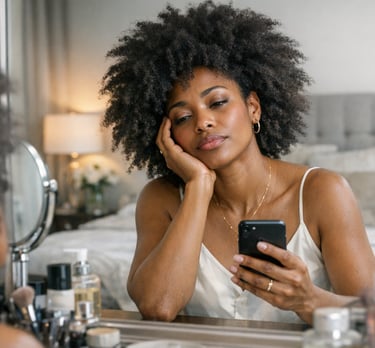 A woman with a natural afro hairstyle looks at her smartphone while sitting at a vanity mirror.