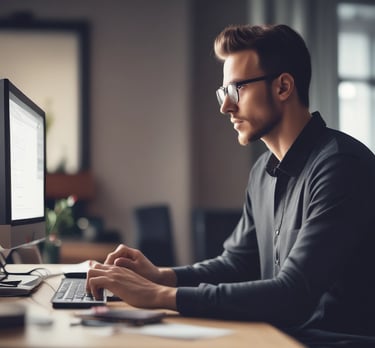 A person using a laptop with AI-related graphics on the screen in a cozy home office