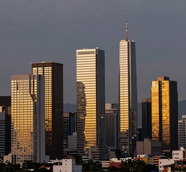 Cinematic shot of a South American skyline at dusk, with several modern towers featuring golden-lit windows against a graphite sky.