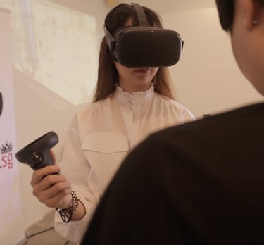 Woman practicing DJing in Virtual Reality at the affordable art fair Singapore