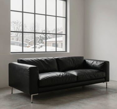 An ultra-modern minimalist living space with a black leather sofa and a large industrial window. Cold winter light, off-white and charcoal grey tones.