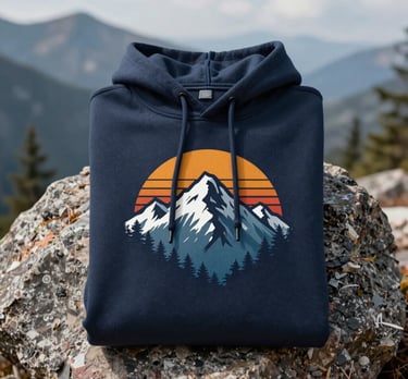 Close-up of a soft, heather-gray hoodie with a subtle mountain silhouette embroidered on the chest.