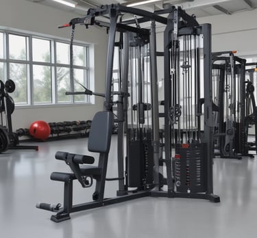 Close-up of sleek black and red strength training machines in a modern gym setting.