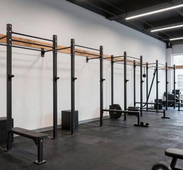 Bright, modern cardio machines lined up in a spacious gym with natural light.