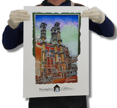A2-Kunstdruck mit zwei Industrie-Türmen, farbigem Himmel und Leitungsnetz; Türme