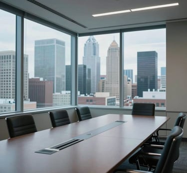 Structured photograph of a corporate meeting room with large windows overlooking a North American financial district, lit in soft sky blue.