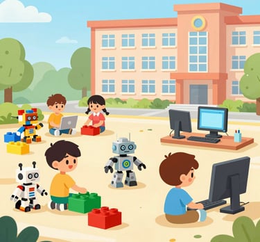 Children happily coding and building robots in a colorful summer tech camp setting