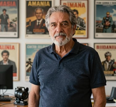 Portrait of a senior film editor in a South American studio, with a wall of film posters behind him. Natural lighting, warm and sophisticated.