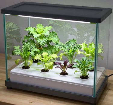 A sleek hydroponic system with vibrant green plants growing indoors.