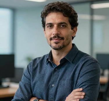 A professional portrait of a tech leader in a Brazilian office setting. They are looking confidently at the camera, wearing professional but casual tech attire. Soft blue background.
