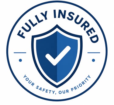 Fully insured badge with blue shield and checkmark symbol for business safety and reliability.