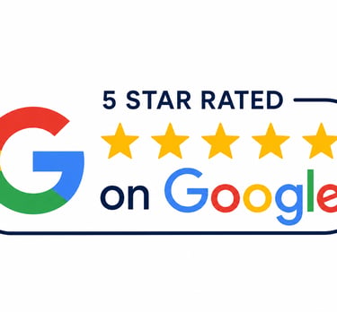 Official 5 star rated on Google badge featuring the Google logo and five gold stars for business reviews.