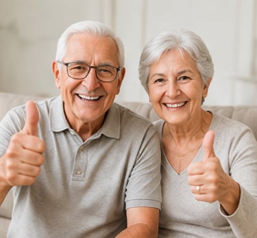 A happy senior couple smiling and giving a thumbs up at home, representing healthy aging and retirement.