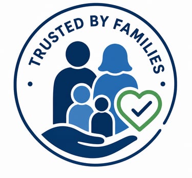 Trusted by families seal featuring a blue family icon with a green heart and checkmark.