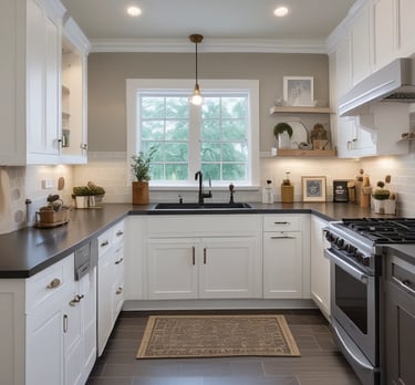 A skilled construction team working on a modern kitchen remodel with sleek cabinetry and lighting.