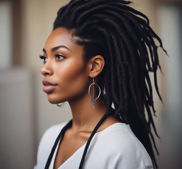 A full-page photo of an Afro woman with fine dreadlocks bathed in golden light.