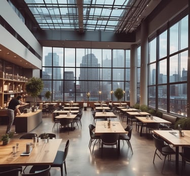 A modern, sleek office space with multiple franchise brand logos displayed on the wall.