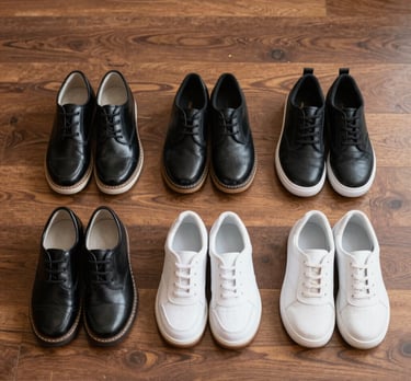 Close-up of colorful girls’ school shoes lined up on a classroom floor