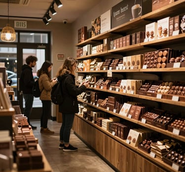 Shelves filled with colorful chocolate bars