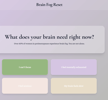 Brain Fog Reset quiz for women in perimenopause showing options for mental focus, exhaustion, and anxiety.