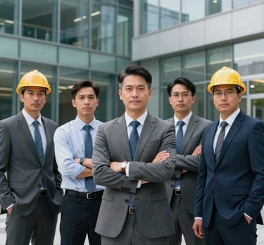 A group of professional engineers in North American corporate attire standing in front of a modern glass office. They look confident and authoritative, conveying reliability and trust.