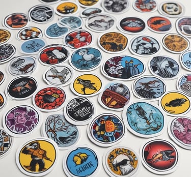 A collection of stickers and pins featuring the Emperor Homme Fraise character.