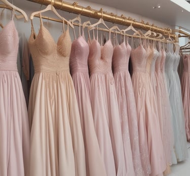 Flowing gowns in rich wine red fabric draped gracefully on a dress form in natural light.