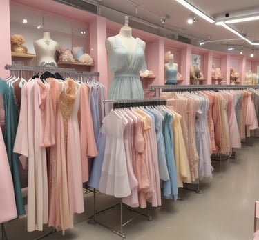 Elegant partywear dresses in soft pink and beige tones displayed on mannequins beside a vintage vanity mirror.