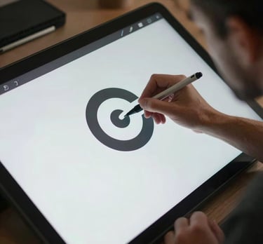 A designer in a North American studio using a digital pen to refine a logo design on a large interactive display, soft cinematic lighting.