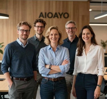 A professional portrait of the management team founders of AIOAYO GmbH in a modern warm-toned office in Germany, wearing smart casual business attire, smiling warmly and confidently.