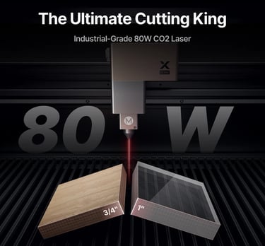 Industrial-grade 80W CO2 laser cutter head slicing through wood and acrylic blocks.