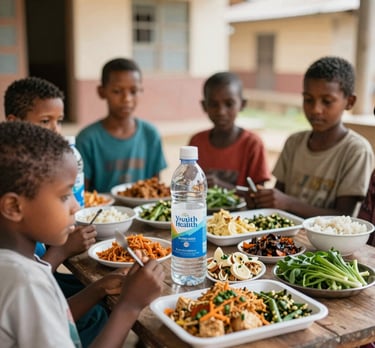 A group of volunteers distributing food parcels with warm smiles in a community courtyard.